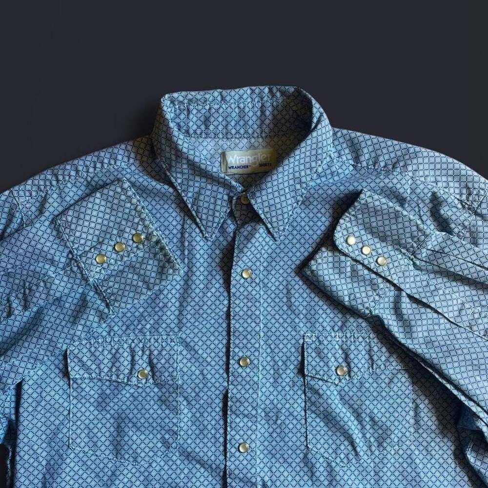 Wrangler Pearl Snap Shirt Mens XL Diamond Geometric Western Blue White